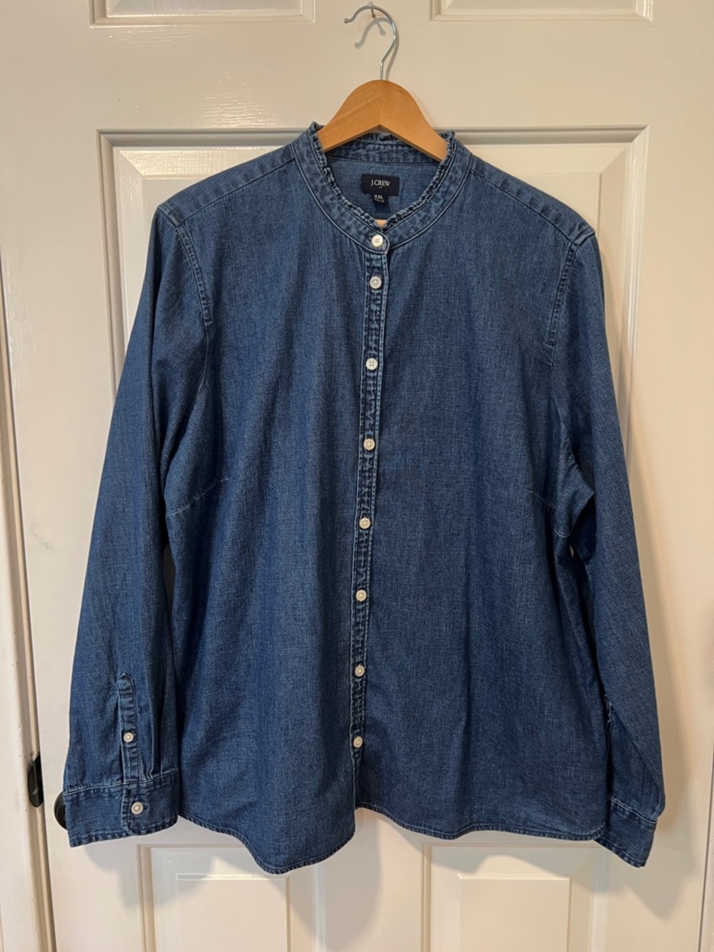 J. Crew Women’s Prairie Indigo Denim Ruffle Band-Collar Button-Down Shirt